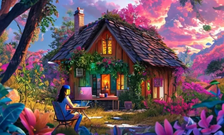 Nômade digital trabalhando em uma cabana no meio da natureza, representando negócios sustentáveis.
