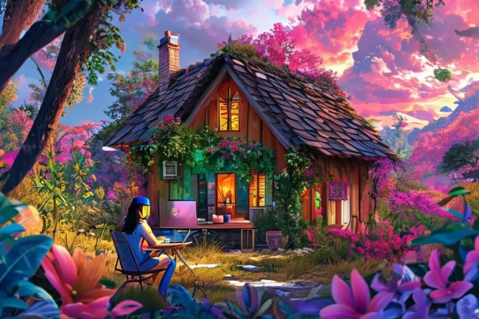 Nômade digital trabalhando em uma cabana no meio da natureza, representando negócios sustentáveis.