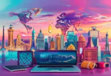 Cenário vibrante com marcos do mundo e um laptop, simbolizando o estilo de vida dos nômades digitais.