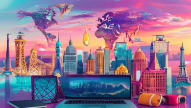 Cenário vibrante com marcos do mundo e um laptop, simbolizando o estilo de vida dos nômades digitais.