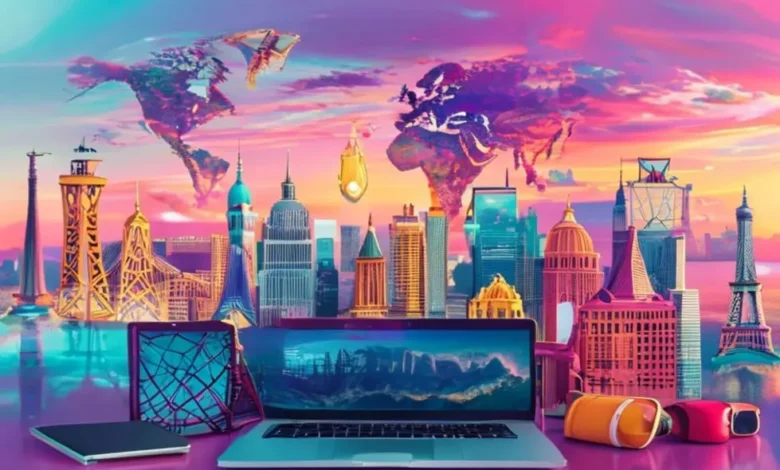 Cenário vibrante com marcos do mundo e um laptop, simbolizando o estilo de vida dos nômades digitais.