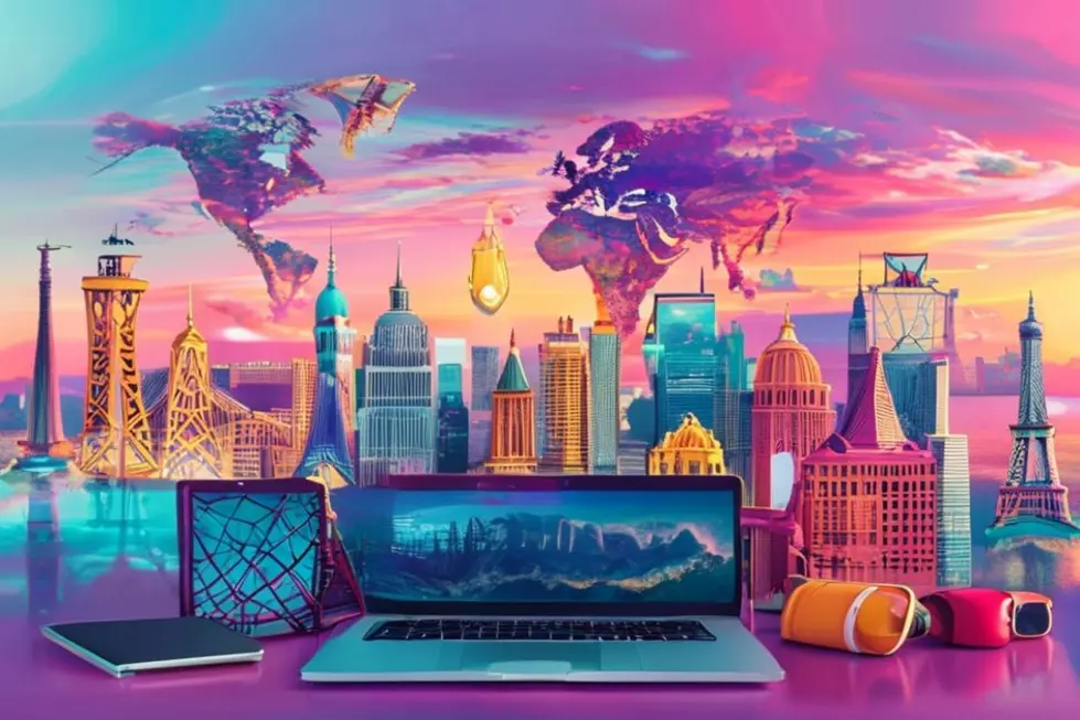 7 Passos para se Tornar um Empreendedor Nômade Digital - Web Nômade Digital Cenário vibrante com marcos do mundo e um laptop, simbolizando o estilo de vida dos nômades digitais.