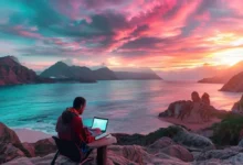 Nômade digital trabalhando em um local bonito e inspirador.