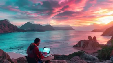 Nômade digital trabalhando em um local bonito e inspirador.