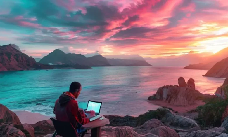 Nômade digital trabalhando em um local bonito e inspirador.