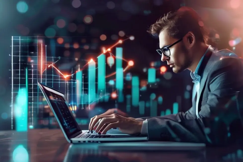 Empreendedor trabalhando em um laptop com gráfico de crescimento digital ao fundo.