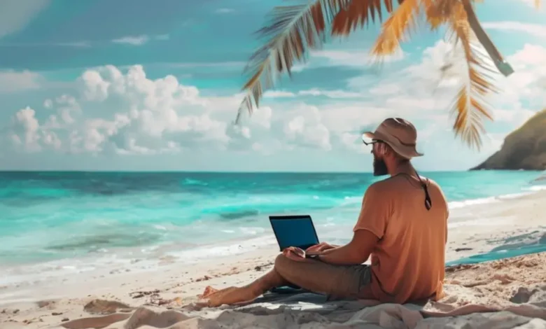 Um nômade digital trabalhando na praia, representando liberdade e sucesso.