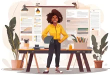 Freelancer com agenda de clientes em um ambiente de trabalho organizado.