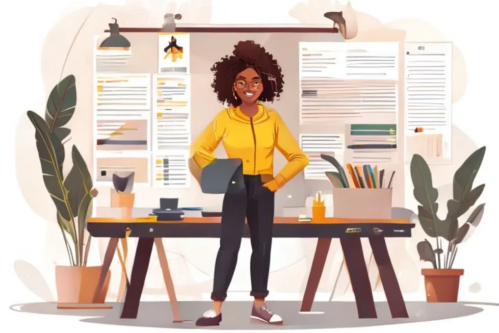 Freelancer com agenda de clientes em um ambiente de trabalho organizado.