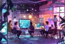 Cenário inspirador de nômades digitais colaborando em um espaço criativo.