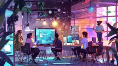 Cenário inspirador de nômades digitais colaborando em um espaço criativo.