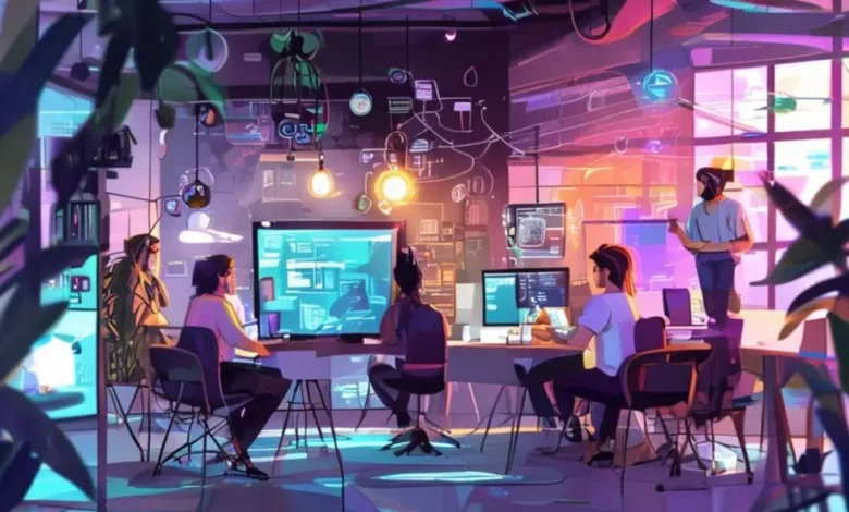 Cenário inspirador de nômades digitais colaborando em um espaço criativo.