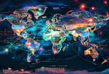 Mapa mundial refletindo a interconexão do trabalho remoto e práticas sustentáveis.