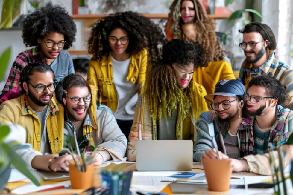Equipes de trabalho remoto discutindo sobre práticas de negócios sustentáveis.