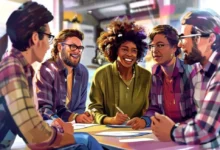 Imagem de grupo de mentores e mentorados interagindo em um workshop.