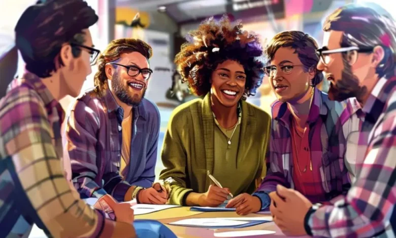 Imagem de grupo de mentores e mentorados interagindo em um workshop.