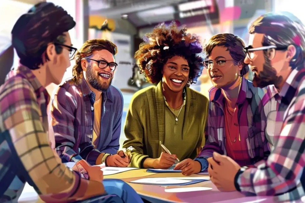 Imagem de grupo de mentores e mentorados interagindo em um workshop.