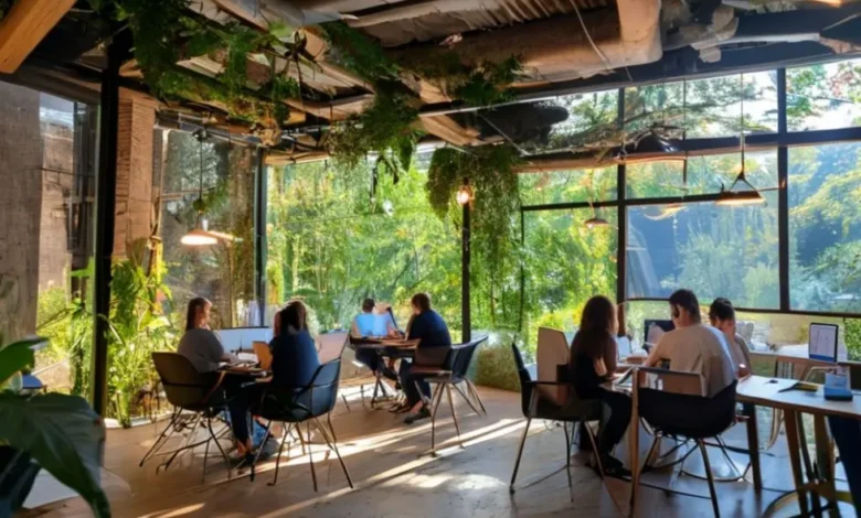 Colaboração entre nômades digitais em um espaço co-working ecológico