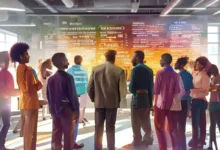 Mentor guiando um grupo diversificado de mentees.