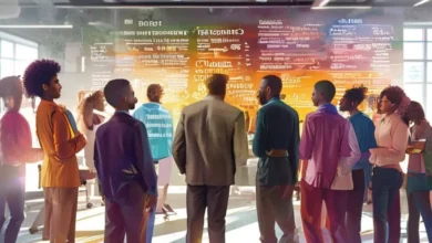 Mentor guiando um grupo diversificado de mentees.