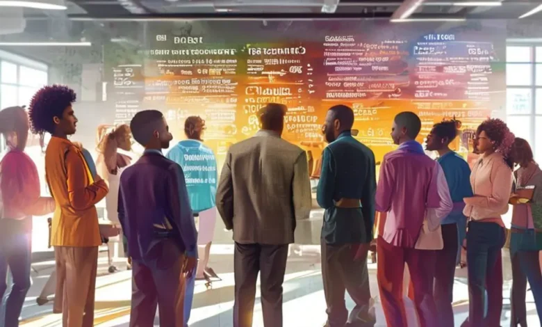 Mentor guiando um grupo diversificado de mentees.