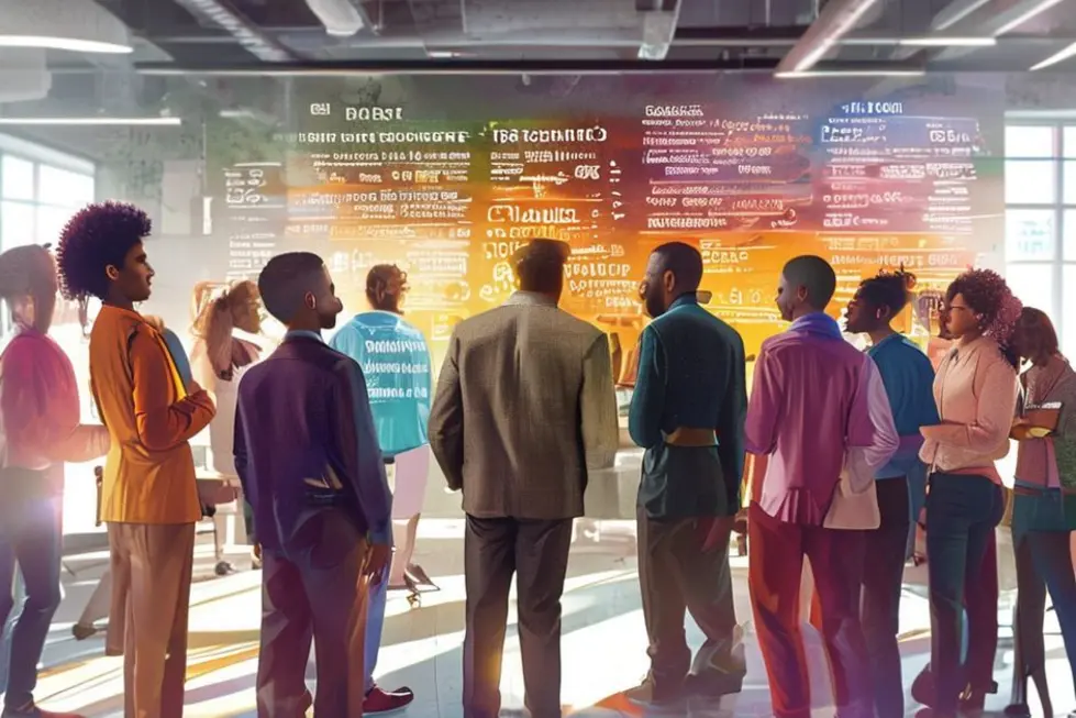 Mentor guiando um grupo diversificado de mentees.