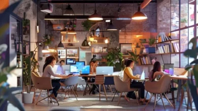 Cena inspiradora de empreendedores colaborando em um escritório moderno.