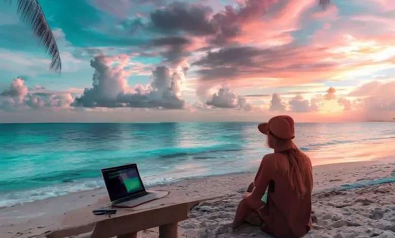 Nômade digital trabalhando na praia.