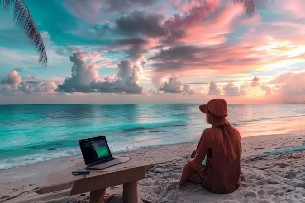 Nômade digital trabalhando na praia.