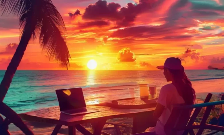 Nômade digital trabalhando em um café à beira-mar, simbolizando a liberdade e a flexibilidade do trabalho remoto.