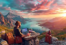 Nômade digital trabalhando em um laptop cercado por elementos de viagem.