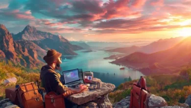 Nômade digital trabalhando em um laptop cercado por elementos de viagem.