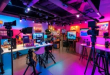 Configuração animada e envolvente para vendas ao vivo com câmeras e produtos.