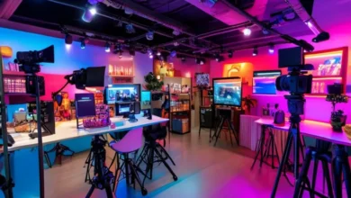 Configuração animada e envolvente para vendas ao vivo com câmeras e produtos.