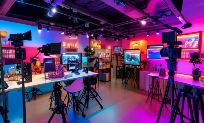 Configuração animada e envolvente para vendas ao vivo com câmeras e produtos.