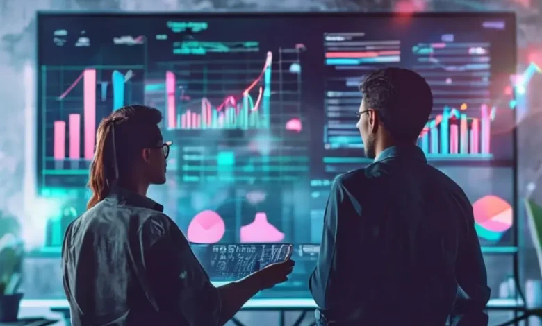 Um mentor auxiliando um empreendedor jovem em um ambiente digital com gráficos de crescimento.