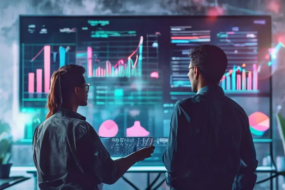 Um mentor auxiliando um empreendedor jovem em um ambiente digital com gráficos de crescimento.