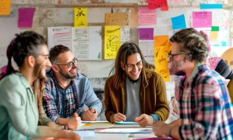 Mentores e mentorados trabalhando juntos em um ambiente criativo.