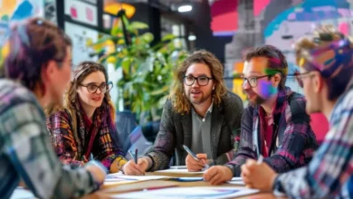 Empreendedores e mentores colaborando em um workshop sobre mentoria empresarial.