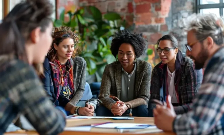 Diversos profissionais participando de uma sessão de mentoria colaborativa.
