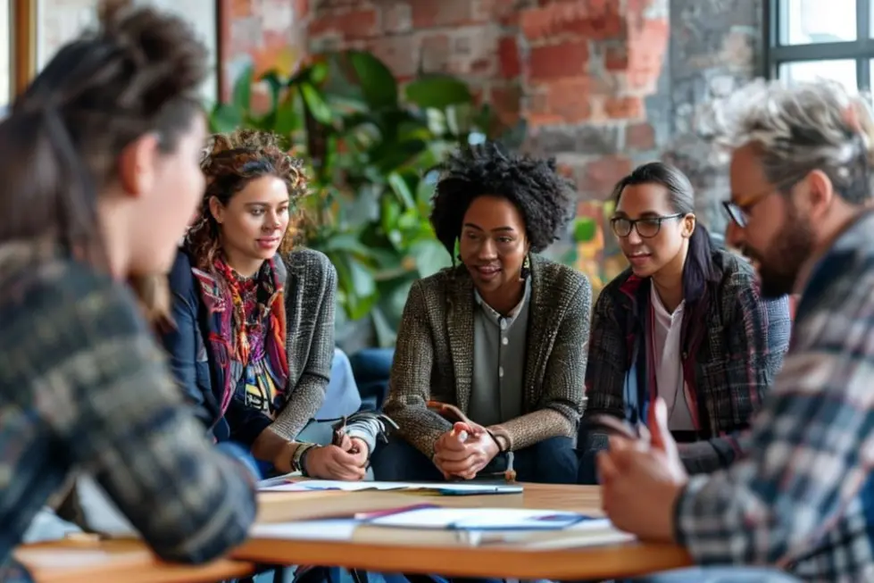 Diversos profissionais participando de uma sessão de mentoria colaborativa.