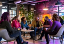 Mentor e mentorados compartilhando experiências em um ambiente acolhedor.