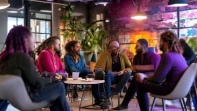 Mentor e mentorados compartilhando experiências em um ambiente acolhedor.