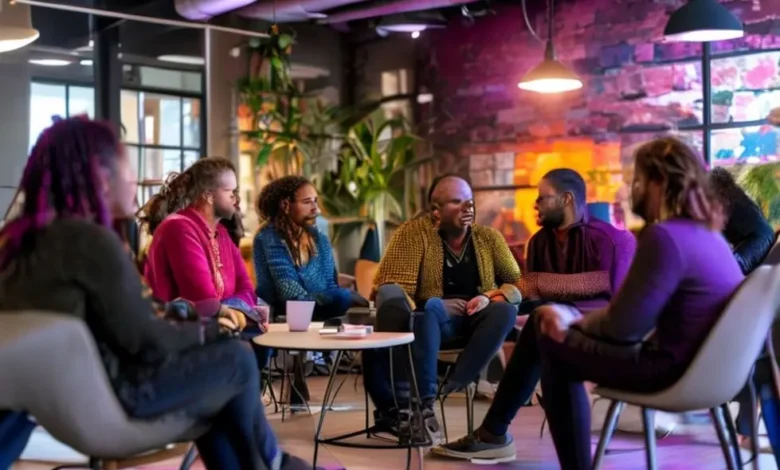 Mentor e mentorados compartilhando experiências em um ambiente acolhedor.