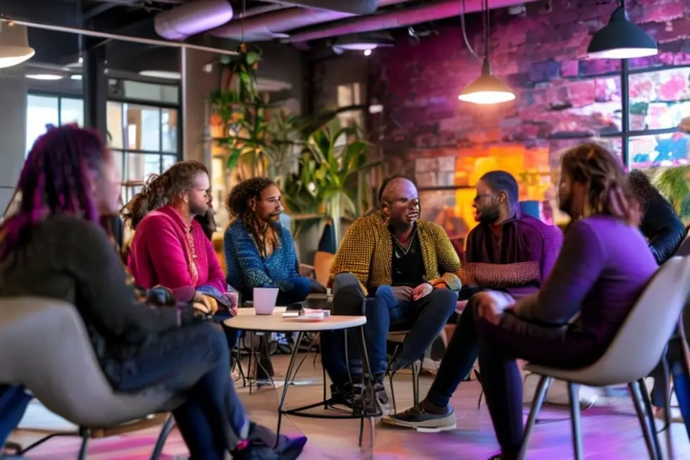 Mentor e mentorados compartilhando experiências em um ambiente acolhedor.