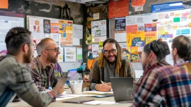 Espaço de trabalho colaborativo com mentores e mentorados discutindo estratégias.