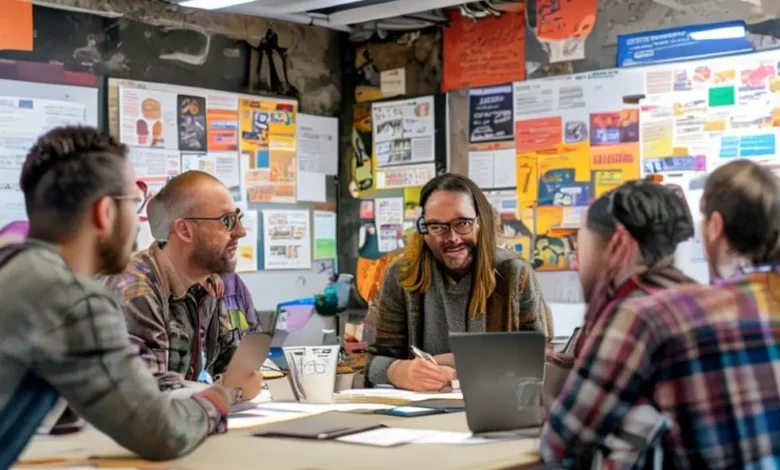 Espaço de trabalho colaborativo com mentores e mentorados discutindo estratégias.