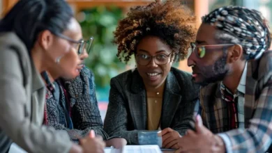 Profissionais engajados em discussão sobre mentoria em ambiente empresarial.