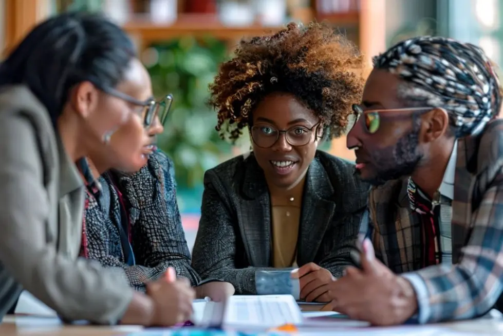 Profissionais engajados em discussão sobre mentoria em ambiente empresarial.