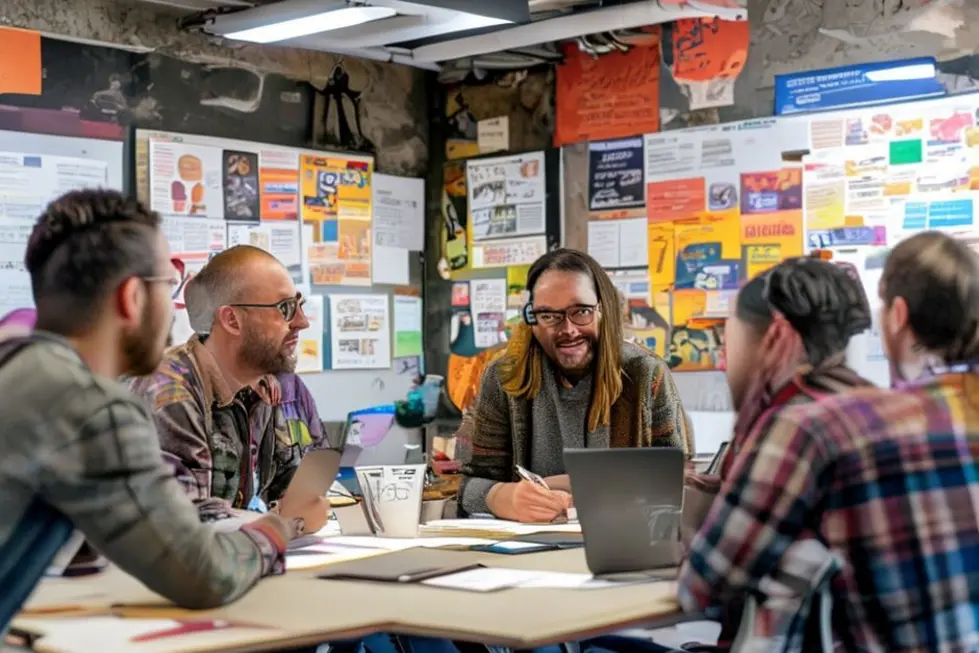 Espaço de trabalho colaborativo com mentores e mentorados discutindo estratégias.